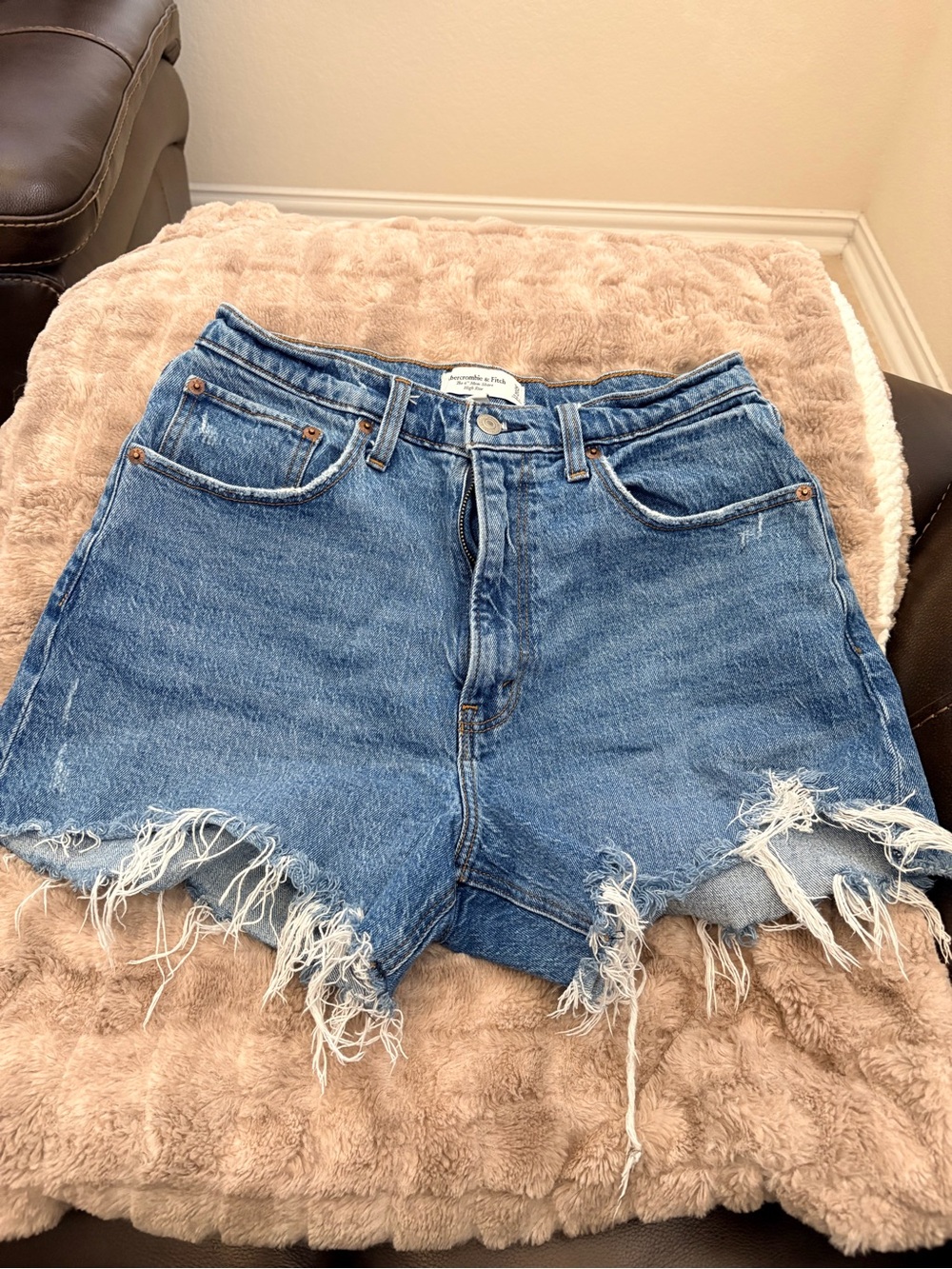 Abercrombie & Fitch Frayed High-Waist Blue Denim Shorts